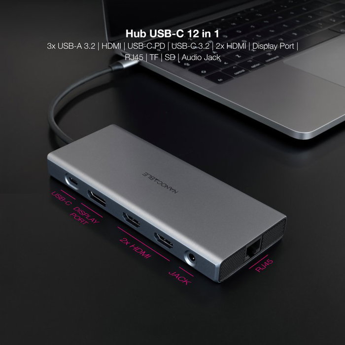 Nanocable Hub USB-C 12 en 1 con HDMI 4K, DisplayPort y PD 100W Gris